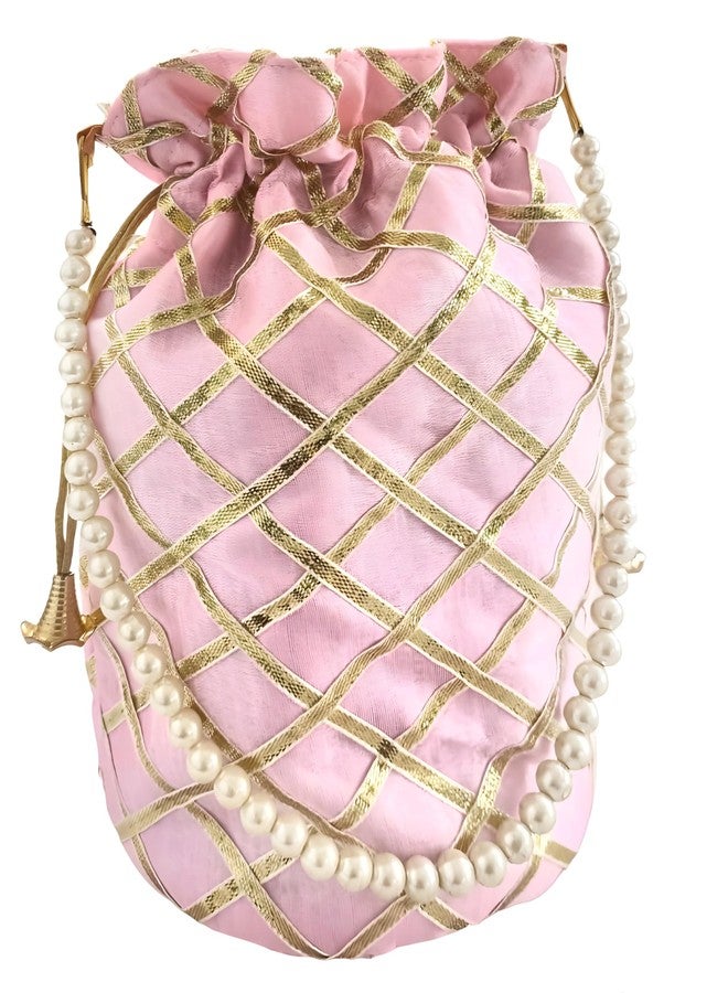 DUCHESS Designer Gota Patti Polti Bag Pearl Handle and Tassel Ethnic Purse Women’s/Girls's Handbag for Party, Casual, Bridal, 19 L X 12 W X 21 H Cm (Pink) - Image 1